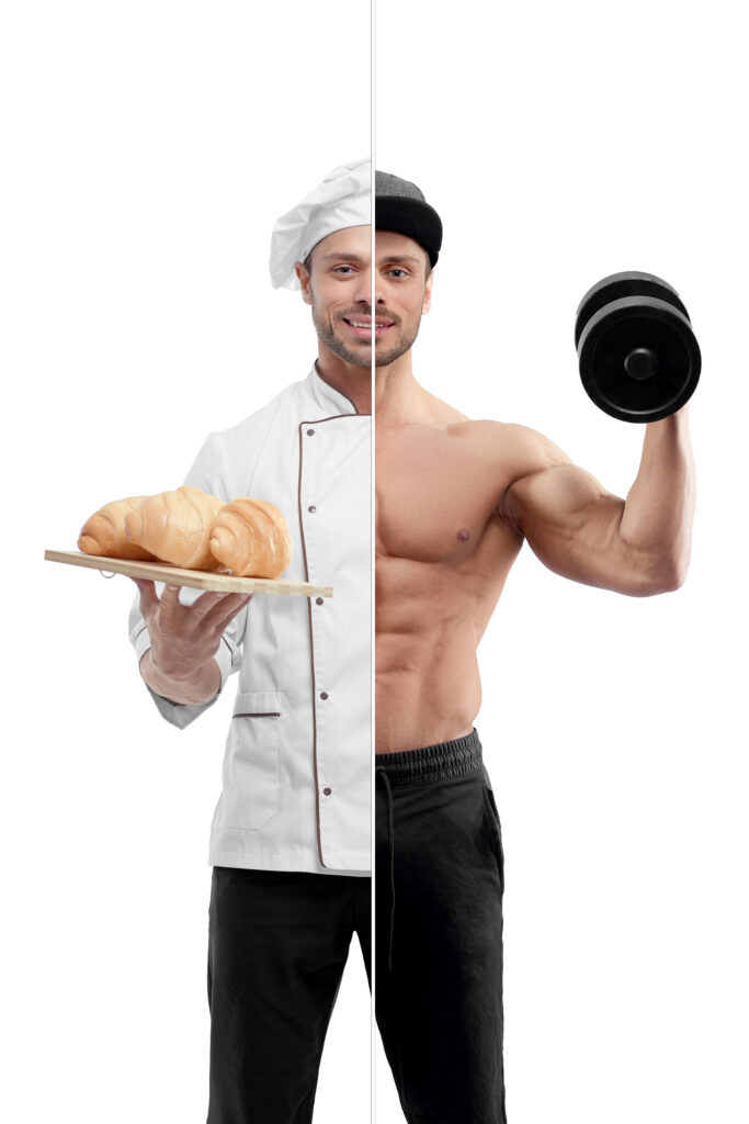 Photo comparison of painter and bodybuilder outfit.